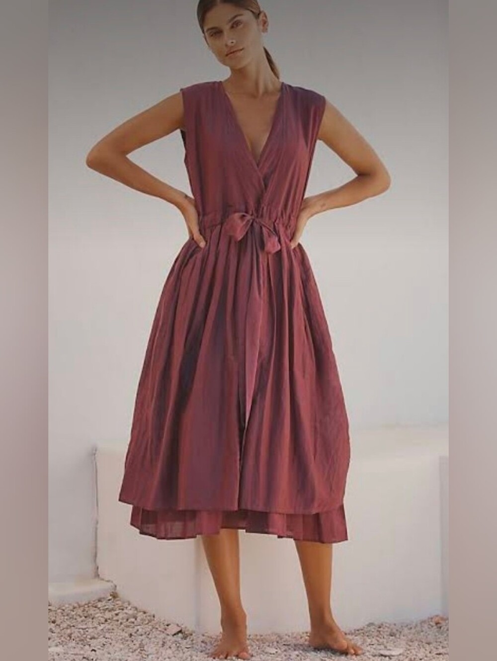 Sundays Lucia Midi Dress - Plum Burgundy V-Neck Drawstring, Size XS
